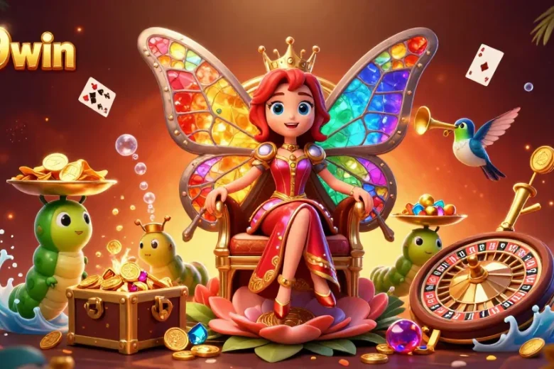 Experience the thrill of winning at 789win with a vibrant scene featuring a butterfly queen and dynamic casino elements.