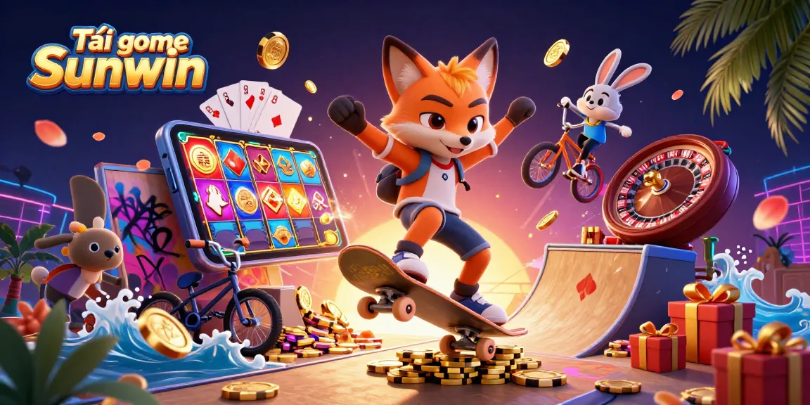 Tải game Sunwin with an energetic scene featuring a skateboarder fox and BMX rabbit in a vibrant casino setting.