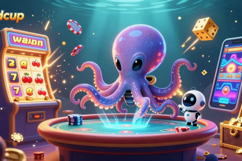 Engage in thrilling worldcup action with a playful octopus at a high-tech poker table amidst floating casino elements.