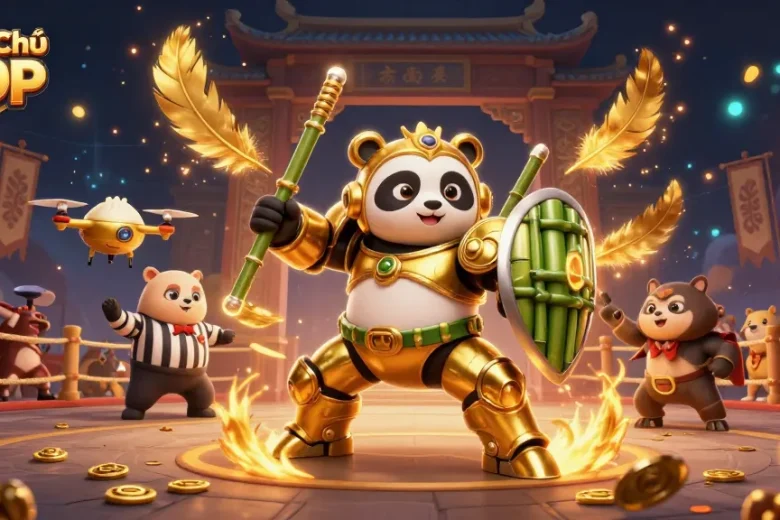 Engage with the vibrant atmosphere of Trang Chủ 789P, showcasing a dynamic 3D illustration of a golden panda piloting a unique bamboo robot.